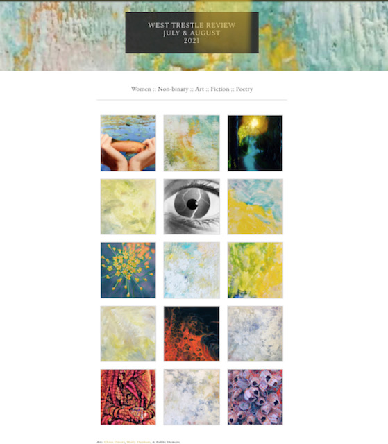 Screen shot of the splash page for West Trestle Review July and August issue. Tile images include multicolored encaustic art pieces and photographs. 