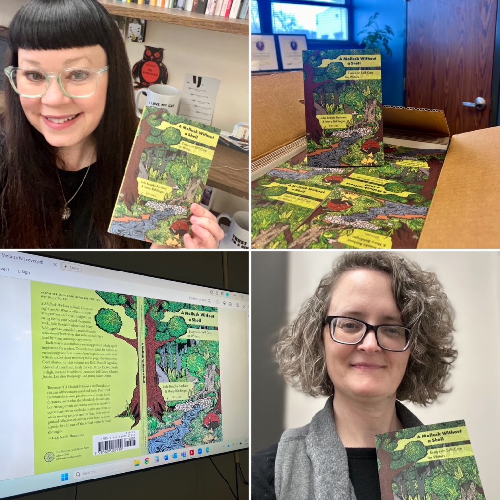 Photo of book release with four images in a grid