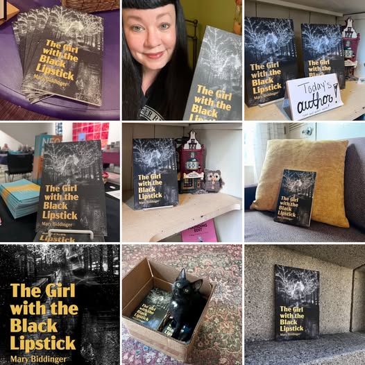 grid of nine photos featuring the cover of Mary Biddinger's novella The Girl with the Black Lipstick